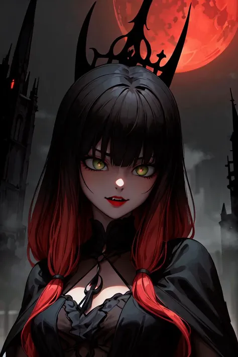 masterpiece, best quality, highres, realistic, 3d, solo, lilavolpina, green eyes, fringe, long hair, black hair, orange hair, multicolored hair, bangs, no mask, lipstick, small breasts, <lora:Lila_Rosi:0.8>, portrait, solo, (full body:0.6), looking down, detailed background, detailed face, (<lora:GothicPunkAI:0.5>, gothicpunkai, gothic theme:1.1) vampire, glowing eyes, bloodthirsty,  vampire fangs, tattered [dark:yellow:5] clothes,  cape,  necklace, movement, dark expression,   supernatural abilities,  magical red glow,   dark castle in background, red moon,  dark night,  fog, shadows, mysterious atmosphere,, <lora:add_detail:0.5>