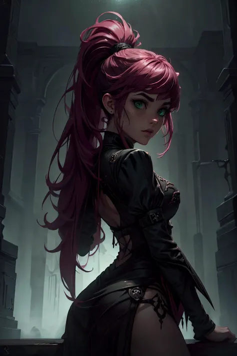 highres, masterpiece, perfect lighting, bloom, cinematic lighting, adult, female, looking at viewer, (RSEEmma:1.5),<lora:RSERomantic_RSESofiko_RSEEmma-v1:0.3>, gothicpunkai, <lora:breastinClass:0.2> vivid green eyes, thick eyebrows, freckles, bangs, black hair:pink hair, long flowing hair, ponytail, <lora:GothicPunkAI:1>