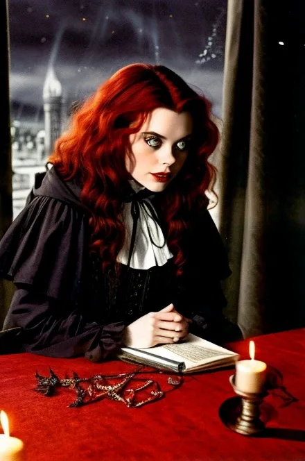 dvd screengrab of a live action 80sdarkfantasysd15b film starring (caoimhelastnamesd15. a welsh woman with red hair), BREAK looking down on you, solo, (full body:0.6), dynamic pose, detailed background, (<lora:GothicPunkAI:0.5>, gothicpunkai, gothic theme:1.1) evil smile, hovering in the air, malevolent sorcerer, tyrant, evil to the core, eye shadow, dim lighting, wearing black vestments of the night, big leather thigh-high boots, dark circlet, shadow realm, dark atmosphere,, bringer of the false light, dark magic, dark clouds, decadence, broken shackles, candles, BREAK <lora:neg4all_bdsqlsz_V3.5:1><lora:detailed_eye:0.5> <lora:Mild detail adjusterV10_4:1> dominating the viewer, smile512