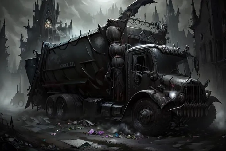 a GothicPunkAI (garbage truck:1.1) <lora:GothicPunkAI:1>