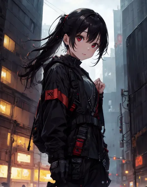 accurate anatomy, mature woman
highrise, sky-scraper, tower, on top of building,  portrait, cyberpunk city, future , techwear, windbreaker, straps, buckle. belt, utility, combat vest, pants, jacket, (black clothing, red accents)
standing. gothic, detailed skin, long hair, facing viewer, 1girl,  (jewellery), shiny hair,
looking at viewer,
((masterpiece:1.3), RTX, depth of field, bokeh, 8k, hi-res, extremely detailed, light particles(sharp focus), skinden)
 <lora:urbansamuraiv3testing:0.4> <lora:add_detail:0.8><lora:GothicPunkAI:0.4>