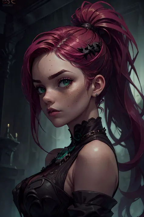 highres, masterpiece, perfect lighting, bloom, cinematic lighting, adult, female, looking at viewer, (RSEEmma:1.5),<lora:RSERomantic_RSESofiko_RSEEmma-v1:0.3>, gothicpunkai, <lora:breastinClass:0.2> vivid green eyes, thick eyebrows, freckles, bangs, black hair:pink hair, long flowing hair, ponytail, <lora:GothicPunkAI:1>