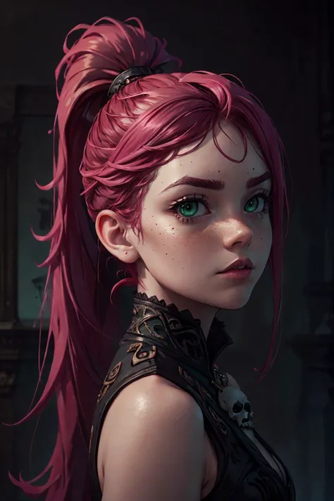 highres, masterpiece, perfect lighting, bloom, cinematic lighting, adult, female, looking at viewer, (RSEEmma:1.5),<lora:RSERomantic_RSESofiko_RSEEmma-v1:0.3>, gothicpunkai, <lora:breastinClass:0.2> vivid green eyes, thick eyebrows, freckles, bangs, black hair:pink hair, long flowing hair, ponytail, <lora:GothicPunkAI:1>