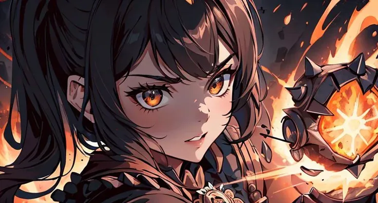 chaya, portrait, solo, upper body, detailed background, detailed face, (<lora:GothicPunkAI:0.5>, gothicpunkai, gothic theme:1.1)    elemental fiery armored fighter, [heavy armor:molten rock:2], covered in molten rock,  flowing lava, cracks,  dynamic pose, pyromania, glowing aura,  firestorm in background, <lora:Fire_VFX:0.3>, (style-swirlmagic:0.8), cinematic fiery atmosphere,,  fcPortrait prettyeyes, (masterpiece, best quality, high quality, highres, ultra-detailed)