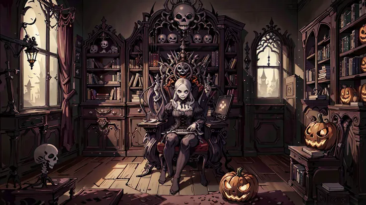 pumpkin,(masterpiece:1.3 best quality:1.2 high quality:1.1),jack-o'-lantern,indoors,realistic,computer,window,gaming chair,depth of field,bookshelf,highres,absurdres,incredibly absurdres,huge filesize,wallpaper,parody,<lora:GothicPunkAI:1>, gothicpunkai,