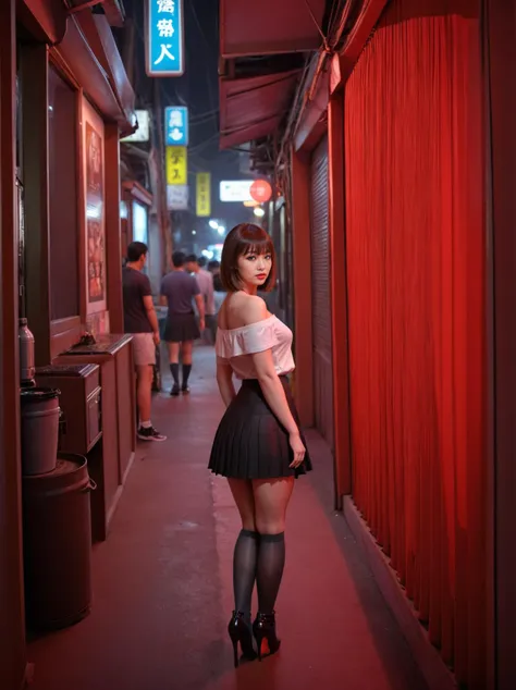 1woman,bangs,in a bustling Bangkok pornography bar street,(congested:1.2),(crowded:1.4),(night:1.1),(cheeky short hair with bangs in brown:1),full body photo,(haze, fog, mist:1.1),AnalogRedmAF,<lora:AnalogRedmondV2-Analog-AnalogRedmAF:0.1>,eye-catching,full body,light on face,cinematic lighting,<lora:add-detail-xl:0.5>,modern,eye-catching,using a Canon EF 50mm f/1.4 lens to achieve a shallow depth of field and a blurred background that accentuates the woman's figure. Leverage the sharpness and contrast characteristic of Canon lenses to capture extraordinary details. Take a portrait shot to highlight the beauty of the protagonist,looking towards the camera,(super high quality) (( 4k resolution)),long shadows,utilizing the red neon lights of night,and the suggestive atmosphere of the location. The protagonist wears an expression of refined sensuality,<lora:RMSDXL_Enhance:2>,<lora:great_lighting:0.5>,stiletto_heels,pleated_skirt,<lora:MicroSkirt_XL:0.8>, extremely short skirt,off-shoulder_shirt,(black uneven_legwear:1.2),socks,