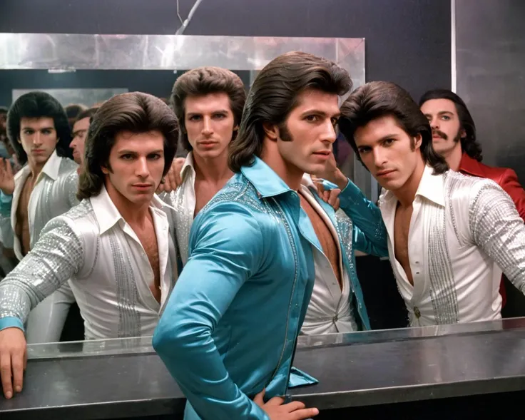 Italian disco men looking at themselves in a mirror, Saturday Night Fever