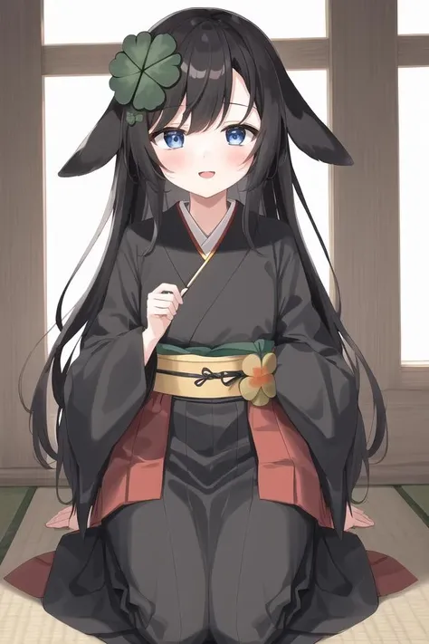 furry girl, young, panda, black hair, open bangs, long ponytail, anime style, small breasts, yellow eyes, pink kimono, hakama pants, japanese temple, clear sky, high quality, detailed body, detailed eyes, detailed face, masterpiece, glistening body, detailed body fur, best qual, panda body fur, two tone body fur, black body fur, white body fur, skinny, :3, black panda eyeshadows, panda ears, paws whit three toes, standing,