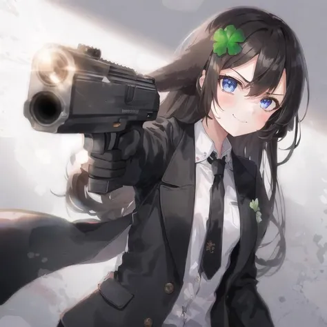 <lora:Kiki-DICE:1> 1girl, Kiki, four-leaf clover hairclip, ears, long hair, holding gun, looking at viewer, pointing at viewer, black handgun, one arm behind back, smile, black jacket, open jacket, angry, white shirt underneath, chromatic aberration, necktie, black gloves