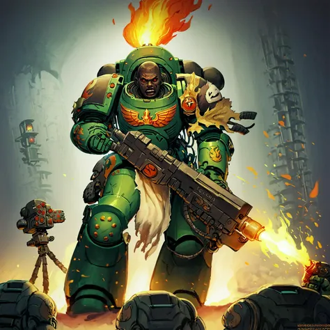 score_9, score_8_up, score_7_up, score_6_up, BREAK, a warrior in power armor with a flamethrower, flames, fire, shouting, slmndr, space marine, armor, weapon, science fiction, black skin, red eyes, face focus