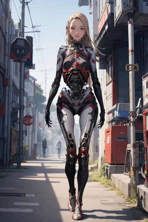 1girl,solo,medium breasts,outdoors,<lora:GoodHands-beta2:1>,(thigh gap:1.2),ruanyi0152,<lora:0238 humanoid robot_v1:0.9>,ruanyi0238,cable,mechanical parts,skeleton,spine,x-ray,blonde hair,very long hair,full body,, best quality,masterpiece,highres,official art,extremely detailed cg unity 8k wallpaper