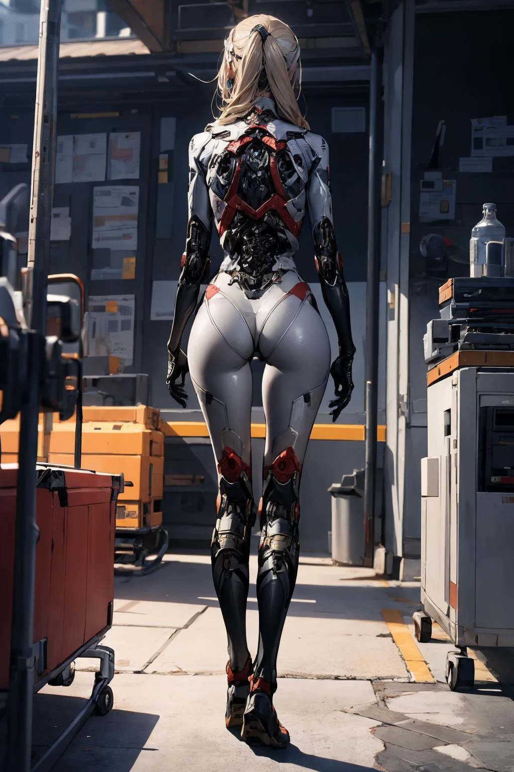 1girl,solo,medium breasts,outdoors,<lora:GoodHands-beta2:1>,(thigh gap:1.2),ruanyi0152,(from behind:1.1),<lora:0238 humanoid robot_v1:0.8>,ruanyi0238,cable,mechanical parts,skeleton,spine,x-ray,blonde hair,very long hair,full body,science fiction,, best quality,masterpiece,highres,official art,extremely detailed cg unity 8k wallpaper