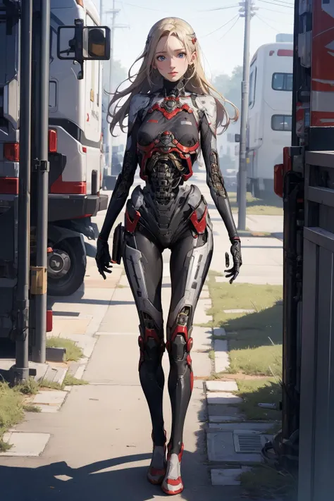 1girl,solo,medium breasts,outdoors,<lora:GoodHands-beta2:1>,(thigh gap:1.2),ruanyi0152,<lora:0238 humanoid robot_v1:0.9>,ruanyi0238,cable,mechanical parts,skeleton,spine,x-ray,blonde hair,very long hair,full body,, best quality,masterpiece,highres,official art,extremely detailed cg unity 8k wallpaper