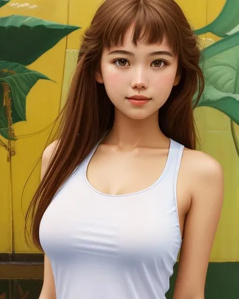 Product quality, 1 girl, cowboy shot, Front view, a Japanese young pretty girl, Bob Hair, Stand in front of the closet, Glamorous figure, Wearing a tank top with an illustration printed on it, Wearing silk underwear, A big smile, hyper cute face, Glossy lips, double eyelids for both eyes, Natural makeup, Shiny smooth light brown bob hair, asymmetrical bangs, Tanned skin, central image, High resolution, high detailing, detailed hairstyle, Detailed face, Cinematic lighting, Octane Rendering, Vibrant, hyper realisitic, Perfect limbs, Perfect ???????