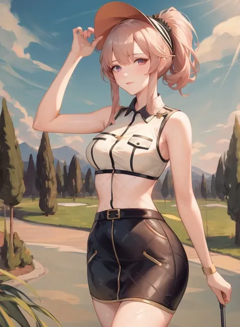 1girl,masterclass,best quality, illustration, outdoors,city,standing,ClemenceauGolf, collared_shirt, large_breasts,pencil_skirt,miniskirt, ponytail, sleeveless_shirt, visor_cap, white_shirt, <lora:clemenceau_d8_v2_e6:1>