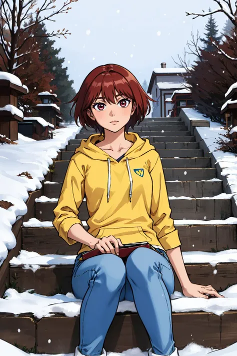 masterpiece, best quality, <lora:fujiedayoshino-nvwls-v1-000010:0.9> fujieda yoshino, yellow hoodie, jeans, stairs, sitting, winter, snow, looking at viewer
