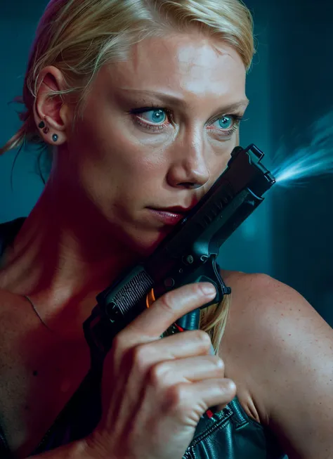 portrait of Peta Wilson wearing a black leather jacket, holding a pistol firing at someone, epic (photo, studio lighting, hard light, sony a7, 50 mm, matte skin, pores, colors, hyperdetailed, hyperrealistic), <lyco:Peta Wilson:1.0>