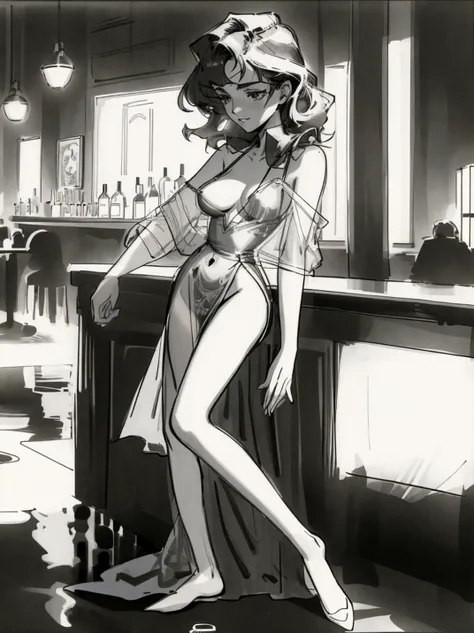 cinematic film still of a woman, in a bar countertop, nipslip, night dress <lora:RealDownblouse15_v3.2:0.7>, highly detailed, a cartoon, a comic book panel by fm1, black and white ink sketch (<lora:FrankMiller:.8>)