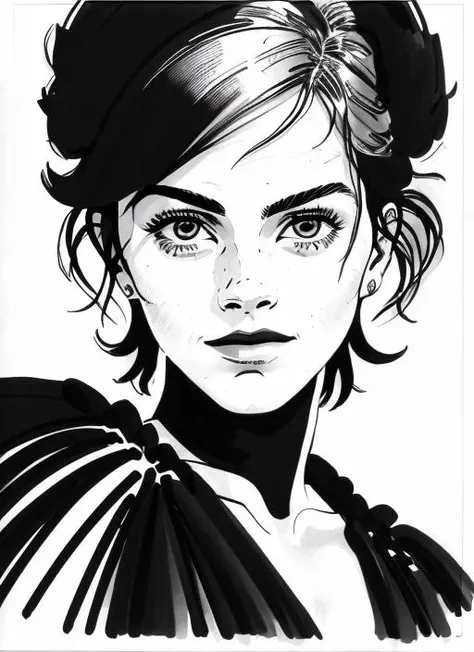 (<lora:FrankMiller:.8>) a cartoon, a close up comic book panel of emma watson by fm1, black and white ink sketch