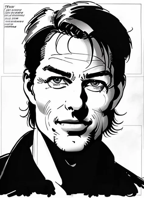 (<lora:FrankMiller:.8>) a cartoon, a close up comic book panel of tom cruise by fm1, black and white ink sketch