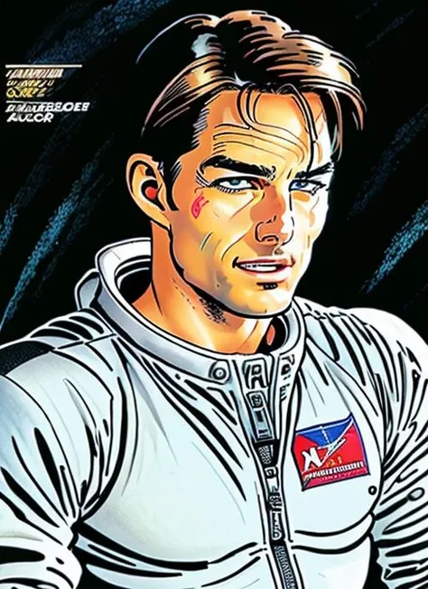 (<lora:FrankMiller:.8>) a cartoon, a close up comic book panel of tom cruise by fm1, man in astronaut suit