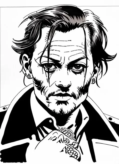 (<lora:FrankMiller:.8>) a cartoon, a close up comic book panel  of johnny depp by fm1, black and white ink sketch