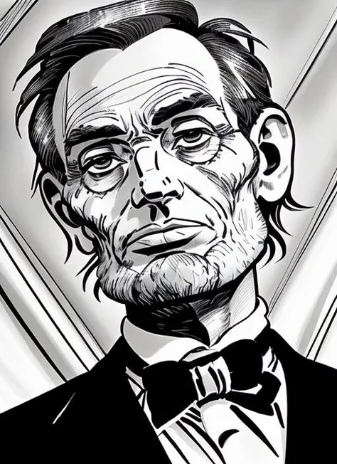 (<lora:FrankMiller:.8>) a cartoon, a close up comic book panel of abraham lincoln by fm1, black and white ink sketch
