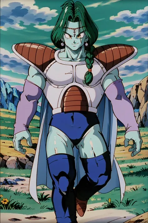 zarbon, fat man, sharp teeth, wrinkled skin,male focus, 1boy, solo, light blue cape, blue skin, green hair, cowboy shot,closed mouth, single braid,grass, purple detached sleeves, saiyan armor, blue briefs,muscular male, yellow eyes,earrings,circlet, green sky, cloud, blue thighhighs,mountain ( best quality, masterpiece,realistic, photorealistic)