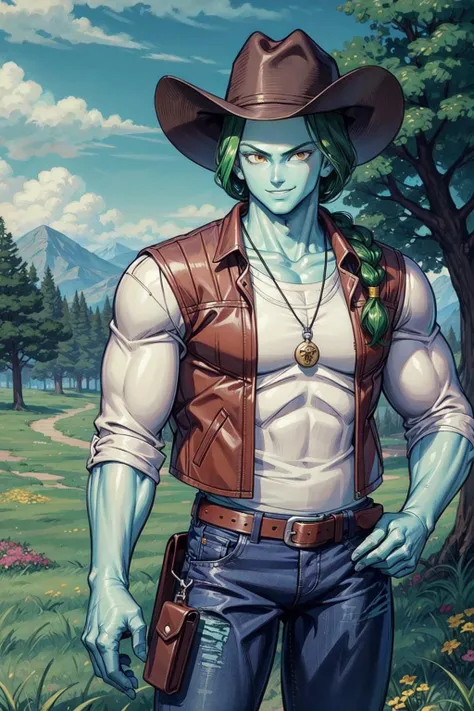 zarbon, 1boy,blue skin, (white shirt),,cowboy hat, denim, jeans, leather vest, sheriff badge, red bandana, collared shirt,holster, green hair, yellow eyes, single braid,cowboy shot, smile, forest, tree, grass, flowers,looking at viewer,( best quality, masterpiece) <lora:zarbon_v1:1>