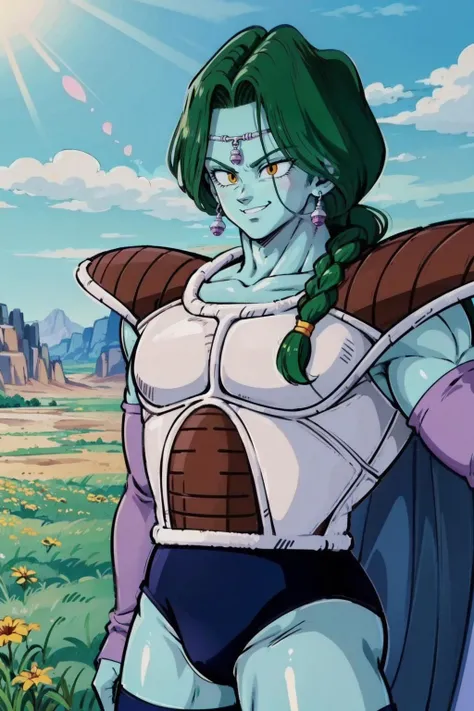 zarbon, male focus, 1boy, solo, light blue cape, blue skin, green hair, upper body, smile, single braid, purple detached sleeves, saiyan armor, blue briefs,muscular male, brown shoes, yellow eyes,earrings,circlet, rocky grassfields, blue sky, cloud, blue thighhighs, ( best quality, masterpiece) <lora:zarbon_v1:1>
