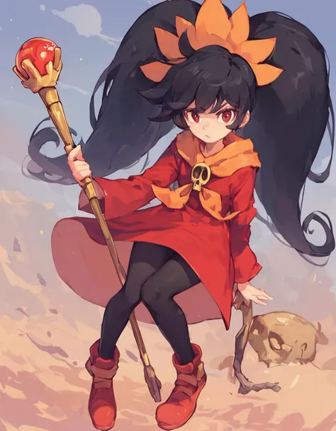 <lora:AshleyPonyXL:1> ashleywario, 1girl, twintails, red eyes, long hair, black hair, dress, orange hairband, red dress, big hair, skull, shoes, pantyhose, hairband, black pantyhose, staff, wand, orange neckerchief, ( zPDXL BREAK , score_9, score_8_up, score_7_up:1)