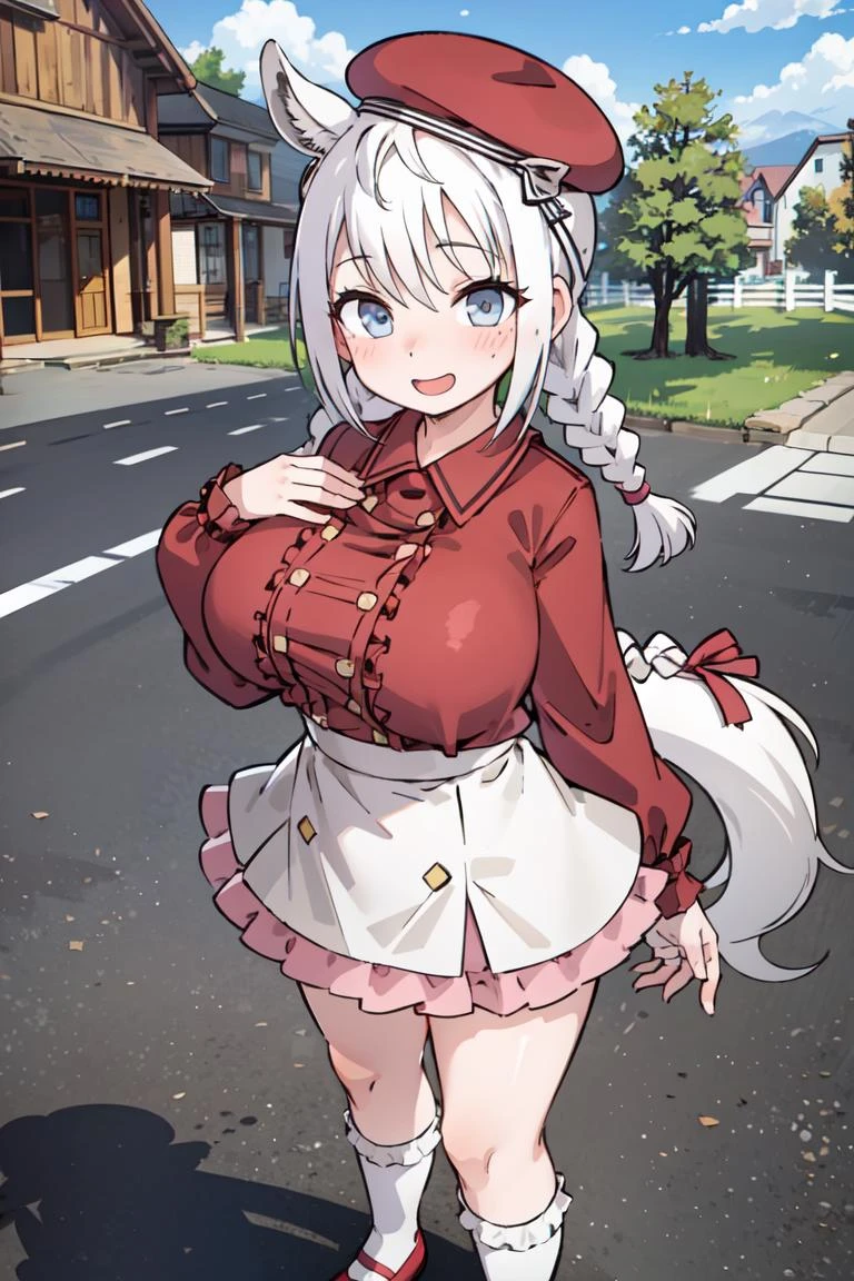 <lora:WhiteThoroughbredKemonofriends_Thoroughbredshiroge:0.7>,SHIROGE_plainclothes,
1girl,solo,masterpiece, best quality, high quality,delicate facial features,mishoujo,hyper_detail,game cg, finely detailed beautiful eyes and detailed face,lustrous skin,colorful
white_thoroughbred_(kemono_friends), horse ears, horse tail, horse girl, white hair,braid, long hair, twin braids, (huge_breasts:1.2),
hat, braid, mary janes, beret, red footwear, long sleeves, red headwear, white socks, skirt, kneehighs, shoes, frills, red jacket
(looking at viewer:1.2), (standing:1.3), (cowboy shot:1.3),blush,embarrassed,smile,open mouth,
(town:1.3), sunlight, blue sky,cloud, tree mountain,