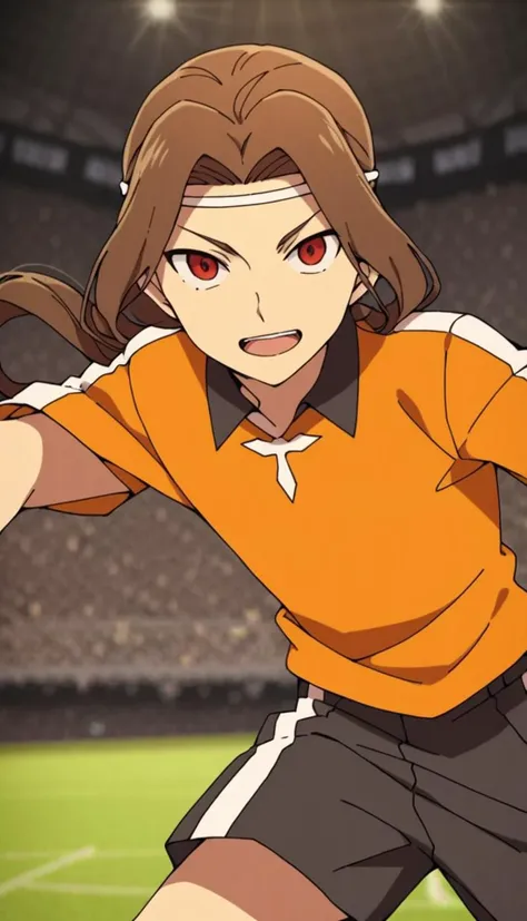 score_9, score_8_up, score_7_up, score_6_up, score_5_up, score_4_up, source_anime,  looking at viewer, stadium, pose, orange shirt, black shorts, looking at viewer, pointing at viewer, open mouth,, 1boy, kurosaki makoto, long hair, red eyes, brown hair, headband,  <lora:Kurosaki_Makoto:0.8>