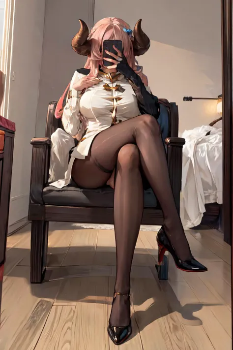 Highly detailed, High Quality, Masterpiece, beautiful, 1girl, solo, narmaya \(granblue fantasy\), draph, <lora:Char_GranblueFantasy_Narmaya:0.8>, mature female, p_m_s, <lora:View_MirrorSelfie:0.6>, crossed legs, high heels, thick thighs, pink hair