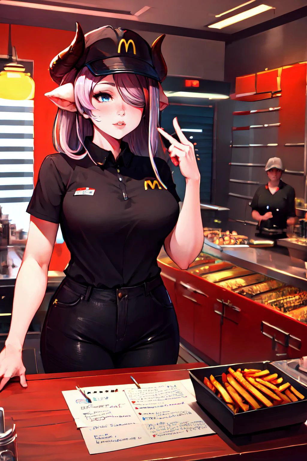 Highly detailed, High Quality, Masterpiece, beautiful, 1girl, solo, narmaya \(granblue fantasy\), draph, <lora:Char_GranblueFantasy_Narmaya:0.8>, McDonaldsUniform, shirt, black shirt, uniform, black pants, pants, cap, <lora:Outfit_McDonaldsUniformBlack:1>, cowboy shot, table, fries, cup