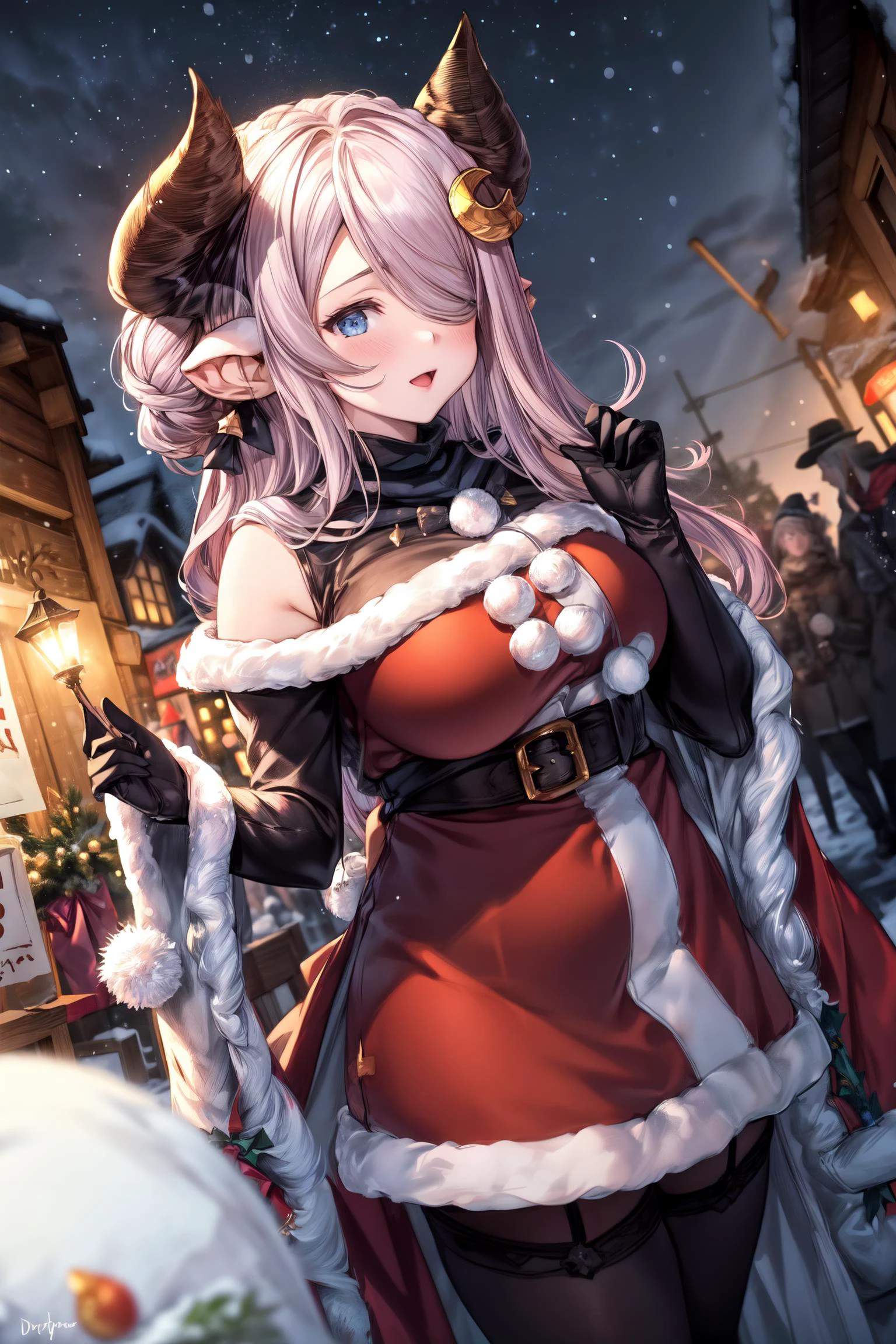 Xmas, (ver7costume:1.2), 1girl, narmaya \(granblue fantasy\), draph, <lyco:NarmayaLoHa:1.0>, <lora:add_detail:0.6>, ((Establishing Shot, Over-The-Shoulder Shot, Split Diopter, dutch Angle Shot, Dutch Angle)), fantasy, night, night sky, crescent moon, Christmas festival, snowing, snowflakes, snowman, landscape, medieval city, crowd, multiple girls, multiple boys,