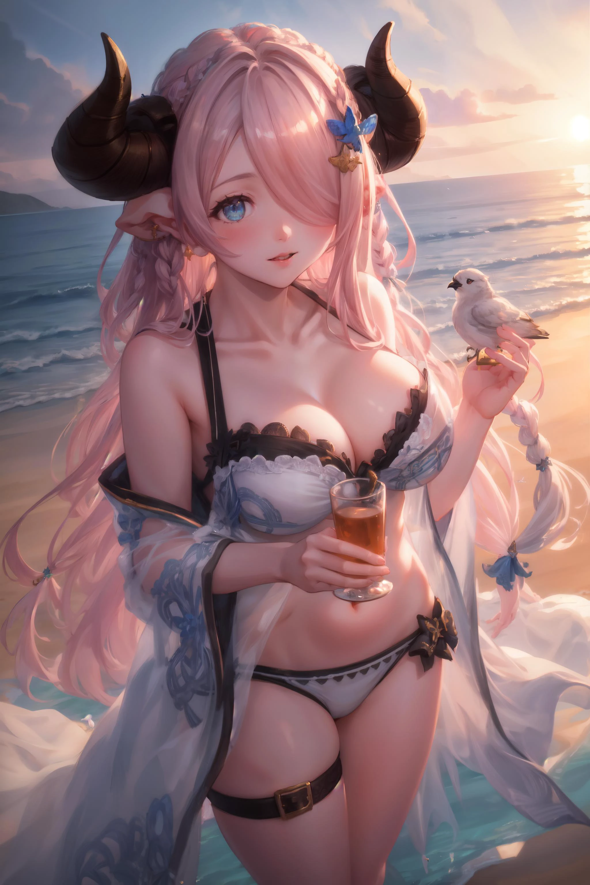 white bikini, (ver4costume:1.4), 1girl, narmaya \(granblue fantasy\), draph, demon horns, hair over one eye, portrait of <lora:NarmayaLoRa:1>, <lora:add_detail:0.4>,beach, ocean, crowd, walking, ((Establishing Shot, Two Shot, Deep Focus, Birds Eye Shot, Overhead Shot)), RTX, Moody Lighting, high details, detailed and intricate, intricate details, high intricate details, absurd amount of details, ((high quality:1.2, masterpiece:1.2)), (8k resolution), 8k, 8kres, 8k res,