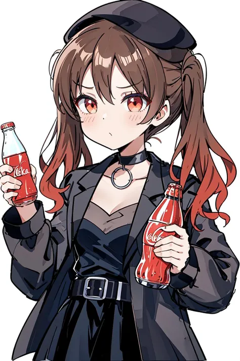 Otsuki Yoyoko, beret, twintails, choker, black jacket, open jacket, black dress, long sleeves, belt, holding coca-cola bottle, simple background, white background,
<lora:Otsuki_Yoyoko-v5:1>