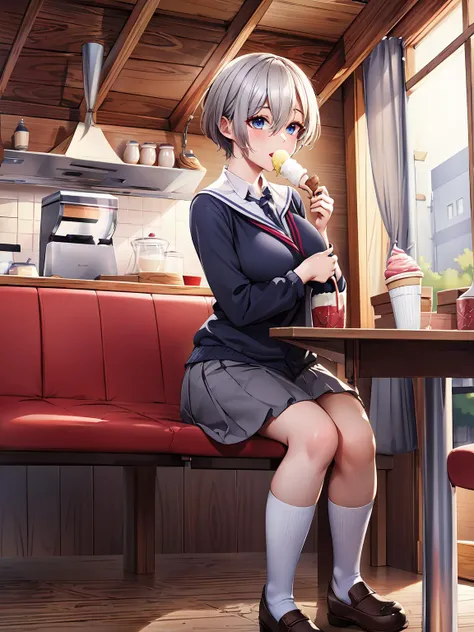 (masterpiece:1.2, best quality:1.1, highres,absurdres, high quality),(photorealistic:1.1),reflected light, colorful,ultra-detailed,8k, ultra hd, super detailed,
solo,usaki, uzaki hana, short hair, grey hair,light blue eyes, large ,hair between eyes,cafe,sexuallestive,holding ice cream,full body, school uniform, sitting,
<lora:usakiV4:0.6> <lora:ice_cream-10:0.6>