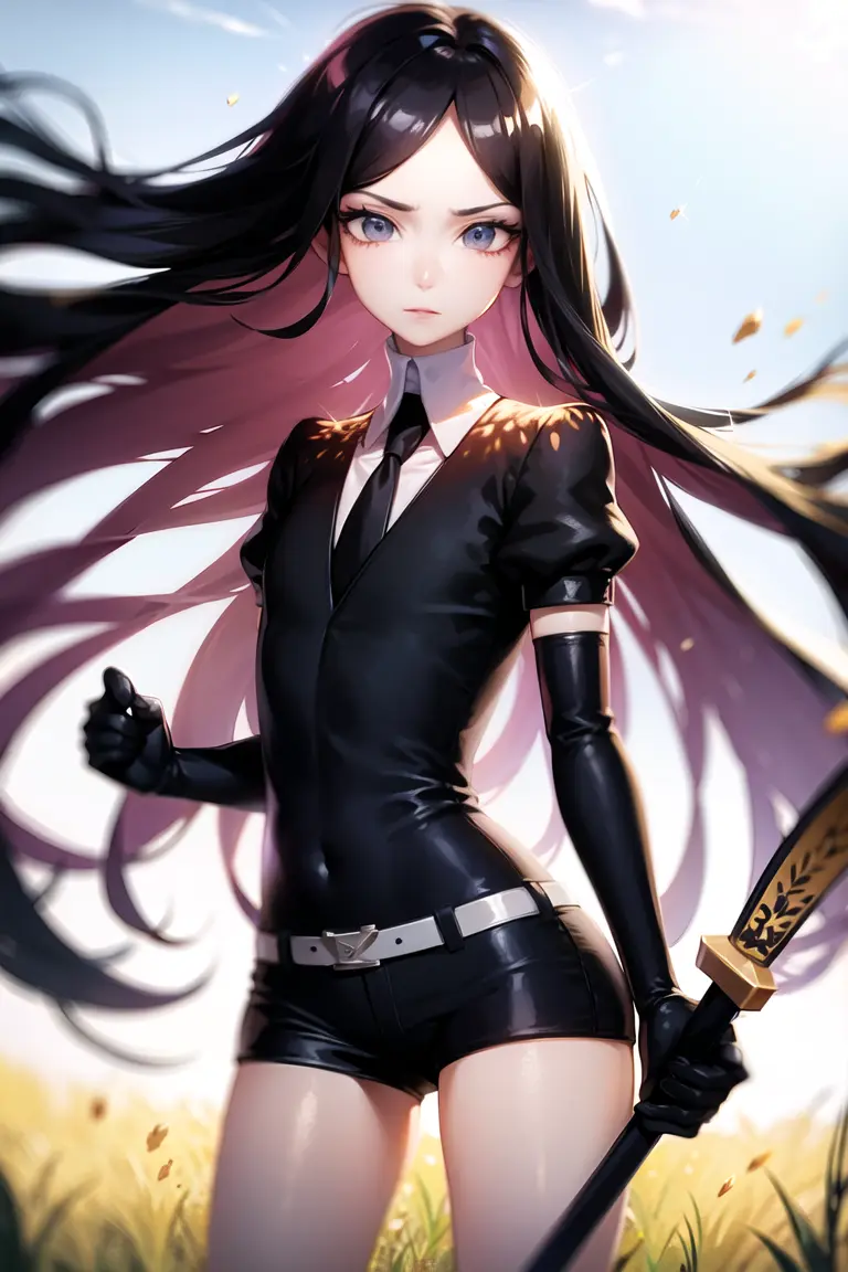 <lora:housekiNoKuni:1>, housekiBort, holding sword, serious, fighting stance, masterpiece, best quality, absurdres, 1other, solo, standing, cowboy shot, outdoors, sky, looking at viewer, grass, field, black hair, parted bangs