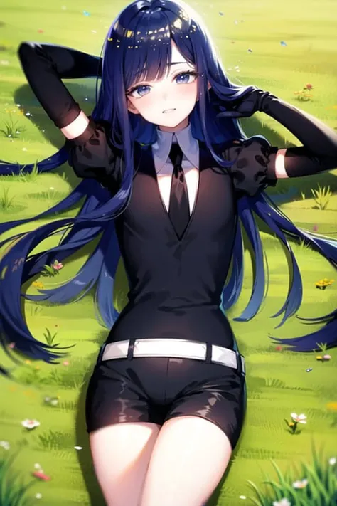 <lora:housekiNoKuni:1>, housekiLapis, masterpiece, best quality, absurdres, 1other, solo, lying, on back, cowboy shot, grass, field, flowers, looking at viewer, arms up