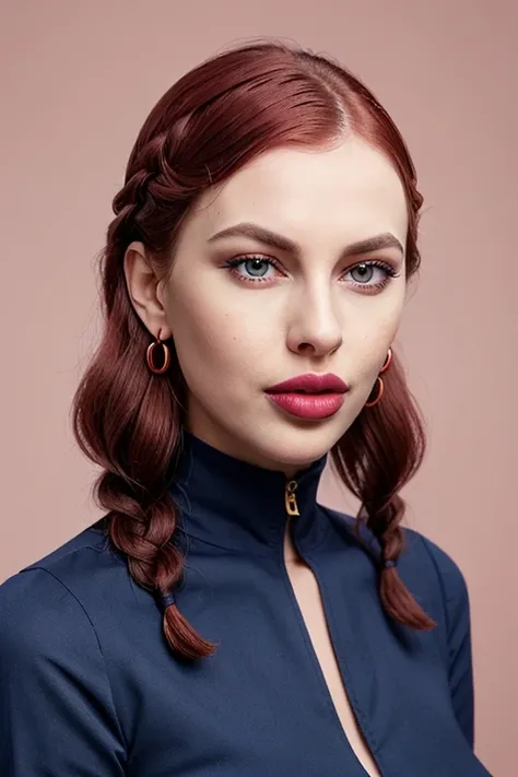 Day tunic, embroidered collar, and wimple, Trailblazer, Average Height, Athletic, Oval Face, Dark Skin, Strawberry Blonde Hair, grey-blue Eyes, Straight Nose, Thin Lips, Sharp Chin, Shoulder-Length Hair, Fine Hair, Swept Bangs, perky breasts, Threader earrings, cherry cream lipstick, crouching, <lora:epiNoiseoffset_v2Pynoise:2>
f2, 35mm, film grain, <lora:jinjer2:0.6> jinjermoon <lora:mayerstest:0.3> mayers woman 4k, beautiful, large lips:1.3 (parted lips:1.3) and (lips filler:1.3) and (silicon lips:1.3), (thick lips:1.3), large breasts:1.3, she has burgundy and purple colored short length with a gamine haircut and braided hair hair style, art by Futura hannahowo and trending deviantart,