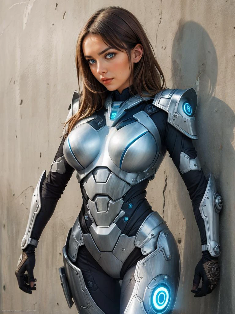 A determined woman, clad in futuristic power armor adorned with bioluminescent patterns
masterpiece, best quality, intricate, realistic, photorealistic, light brown hair, amber eyes, <lora:bimbostyleFourUSD:0.5>, on wall,