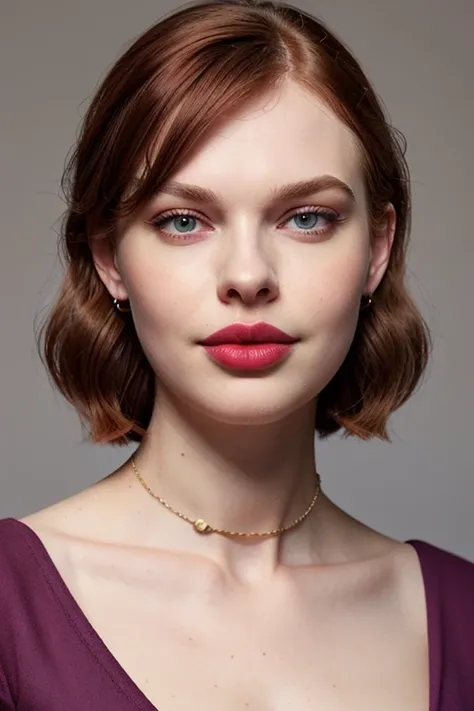 Day tunic, embroidered collar, and wimple, Trailblazer, Average Height, Athletic, Oval Face, Dark Skin, Strawberry Blonde Hair, grey-blue Eyes, Straight Nose, Thin Lips, Sharp Chin, Shoulder-Length Hair, Fine Hair, Swept Bangs, perky breasts, Threader earrings, cherry cream lipstick, crouching, <lora:epiNoiseoffset_v2Pynoise:2>
f2, 35mm, film grain, <lora:jinjer2:0.6> jinjermoon <lora:mayerstest:0.3> mayers woman 4k, beautiful, large lips:1.3 (parted lips:1.3) and (lips filler:1.3) and (silicon lips:1.3), (thick lips:1.3), large breasts:1.3, she has burgundy and purple colored short length with a gamine haircut and braided hair hair style, art by Elle Fanning and trending deviantart,