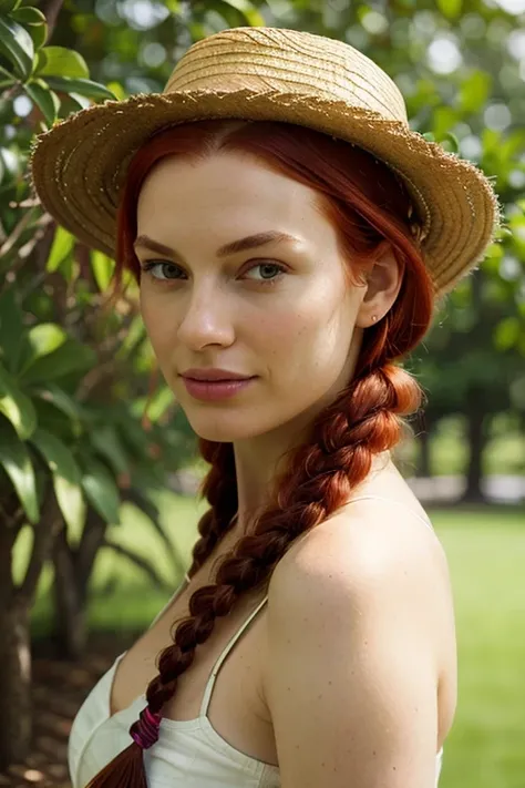 (dynamic pose:1.2),(dynamic camera),(analog photo raw:1.2), (a girl with red hair and a straw hat holding a plant) ,(masterpiece, top quality, best quality, official art,extreme detailed,highest detailed,depth of field,bokeh:1.3,realistic rim lighting,complex, multiple subjects, 4k HDR), she has burgundy and purple  colored  short length with a gamine haircut and braided hair hair style, art by Maddie Francesscaand trending deviantart,