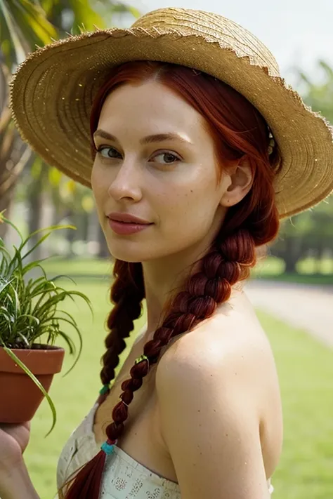 (dynamic pose:1.2),(dynamic camera),(analog photo raw:1.2), (a girl with red hair and a straw hat holding a plant) ,(masterpiece, top quality, best quality, official art,extreme detailed,highest detailed,depth of field,bokeh:1.3,realistic rim lighting,complex, multiple subjects, 4k HDR), she has burgundy and purple colored short length with a gamine haircut and braided hair hair style, art by Maddie Francesscaand trending deviantart,