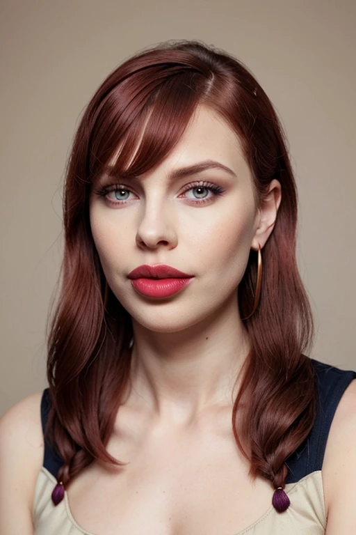 Day tunic, embroidered collar, and wimple, Trailblazer, Average Height, Athletic, Oval Face, Dark Skin, Strawberry Blonde Hair, grey-blue Eyes, Straight Nose, Thin Lips, Sharp Chin, Shoulder-Length Hair, Fine Hair, Swept Bangs, perky breasts, Threader earrings, cherry cream lipstick, crouching, <lora:epiNoiseoffset_v2Pynoise:2>
f2, 35mm, film grain, <lora:jinjer2:0.6> jinjermoon <lora:mayerstest:0.3> mayers woman 4k, beautiful, large lips:1.3 (parted lips:1.3) and (lips filler:1.3) and (silicon lips:1.3), (thick lips:1.3), large breasts:1.3, she has burgundy and purple colored short length with a gamine haircut and braided hair hair style, art by Futura hannahowo and trending deviantart,