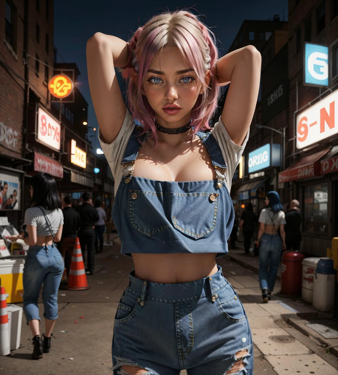 a young woman in denim overalls and a crop top, rocking the iconic grunge fashion of the 90s in a gritty urban setting
masterpiece, best quality, <lora:bimbostyleFourUSD:0.8>
