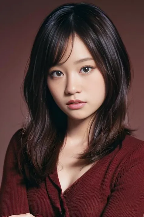 (best quality,masterpiece:1.2),8k,ultra high res,ultra detailed,best quality,looking at viewer,perfect lighting,flat light,ultra high quality,ultra high res,masterpiece,photorealistic,detailed face,(simple background),(maroon background),  <lora:AtsuMaeda:1>