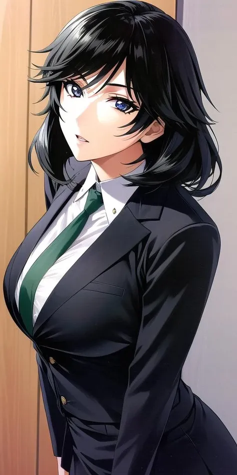 <lora:ChifuyuV2:0.7>, Orimura_Chifuyu, Black_skirt_suit_Black_pantyhose_Green_necktie, huge_breasts, standing, solo,, masterpiece, best quality, detailed face, detailed eyes, highres,